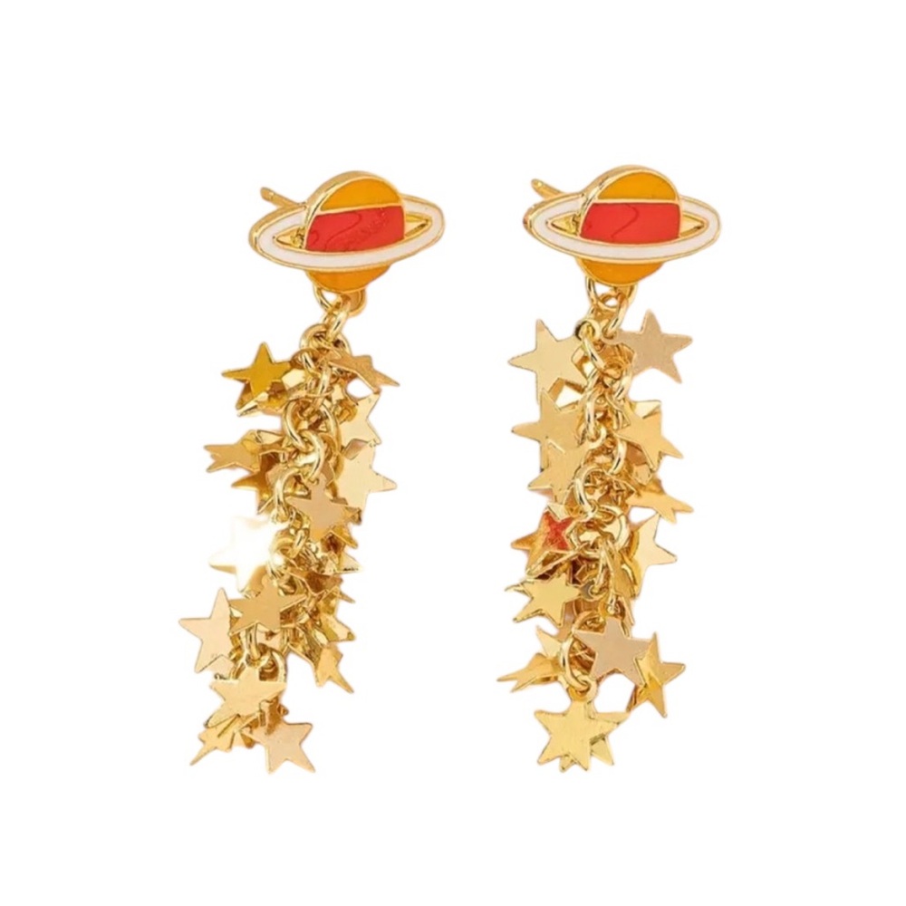 Golden Red Planet Star Tassel Earrings - Picture 1 of 3